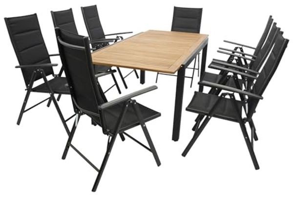 DEGAMO Garten-Essgruppe MILOS 9-teilig, 8x Klappsessel, 1x Ausziehtisch 150/200x90cm, Alu anthrazit + Akazie