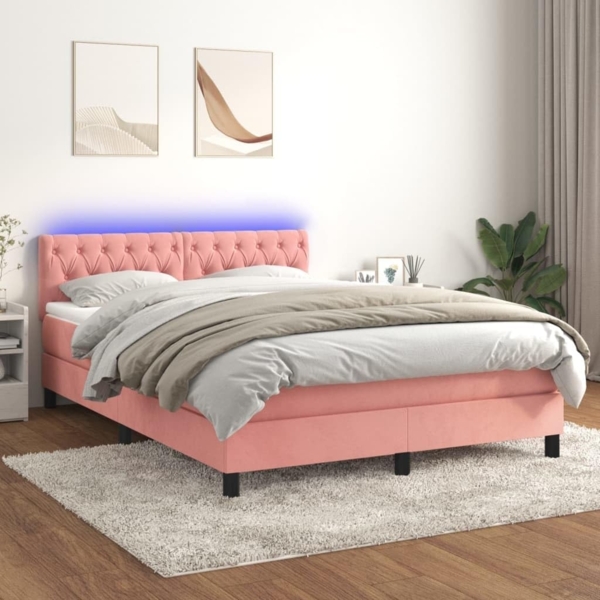 vidaXL Boxspringbett mit Matratze & LED Rosa 140x200 cm Samt 3134590