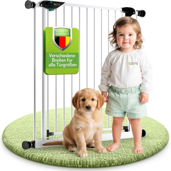 BOMI Türschutzgitter Kinderschutzgitter ohne Bohren Mira 63-251 cm, Babygitter zum Klemmen - 90 Grad Feststellfunktion der Tür
