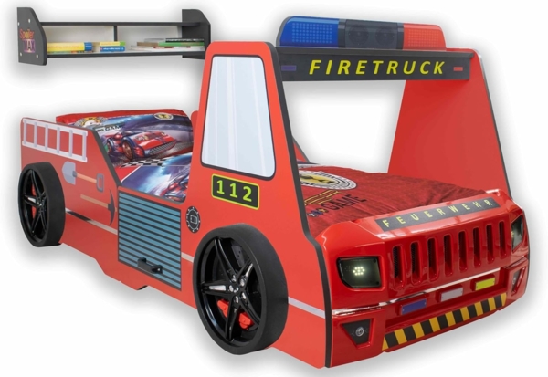 Autobett Kinder 90x200 cm Feuerwehrbett "Rio Firetruck" mit LED-Licht und Sirenenoptik Rot, Creativ Fresh Plus H2, mit Bettwäsche, Spoiler Regal