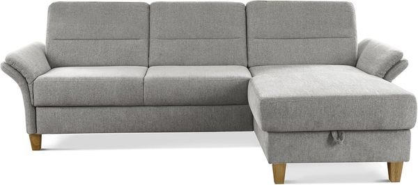 CAVADORE Schlafsofa Wyk mit Federkern / Ecksofa im Landhaus-Stil mit Longchair, Bett, Bettkasten + Armteilfunktion / 252 x 90 x 162 / Chenille, Hellgrau