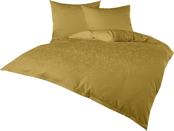 Mako Satin Damast Bettwäsche Ornament gold Garnitur 200x200 + 2 x 80 x 80