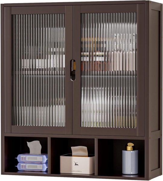 Yorbay Hängeschrank Bambus Badezimmerschrank (59x22x66 cm, Magnetverschluss & verstellbare Regale) Wandschrank mit Doppeltüren