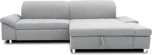 DOMO Collection Mika Ecksofa, Sofa mit Schlaffunktion und Bettkasten in L-Form, Schlafsofa mit Rücken- und Armlehnfunktion, 260 x 178 x 80 cm, Polsterecke in grau