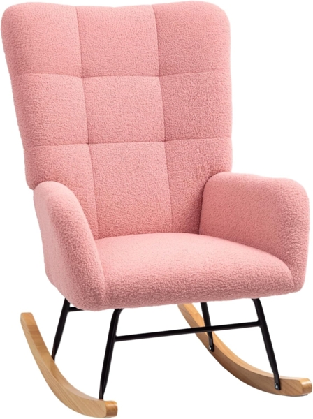 HOMCOM Schaukelstuhl Schaukelsessel mit Armlehne, Teddysamt-Optik (Relaxsessel mit Holzkufen, Schwingsessel, 1 St), Stillsessel für Schlafzimmer, Wohnzimmer, Rosa