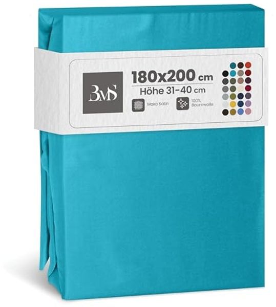 Bettwaesche-mit-Stil Mako-Satin Spannbettlaken türkis 180x200cm Höhe 31-40cm