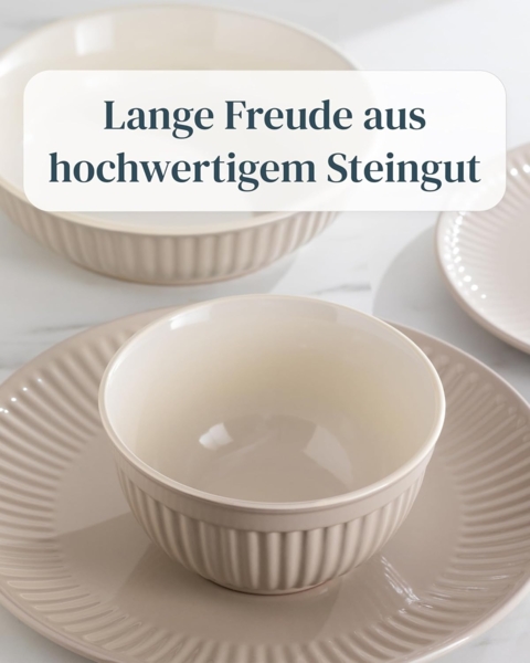 Steingut Geschirrset 12 Personen Hygge 48 tlg. TESTSIEGER, Traumhaftes Skandinavisches Steingut Geschirr Set, Schüssel- und Teller Set, Tafelservice 12 Personen, Geschirrsets Pure Living in Hellbraun Bild 6