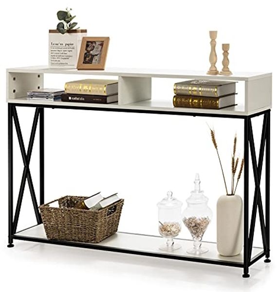 COSTWAY 2 Ebenen Konsolentisch mit offnen Fächern, Flurtisch aus Holz, Standregal, Beistelltisch für Eingang, Wohnzimmer und Schlafzimmer, 120 x 23 x 79 cm (Weiß)