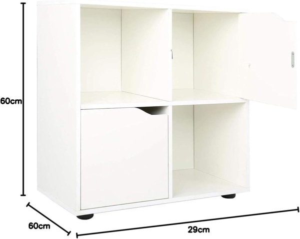 BAKAJI Bücherschrank mit niedrigem Design, moderner Würfelschrank, Regalschrank mit 4 Regalen und 2 Türen, Größe 60x29 cm, Wohnzimmer, Weiß Bild 2