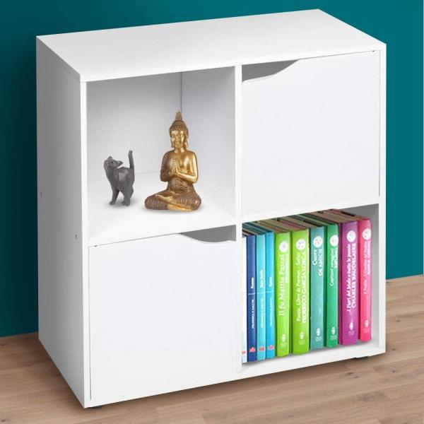 BAKAJI Bücherschrank mit niedrigem Design, moderner Würfelschrank, Regalschrank mit 4 Regalen und 2 Türen, Größe 60x29 cm, Wohnzimmer, Weiß Bild 1