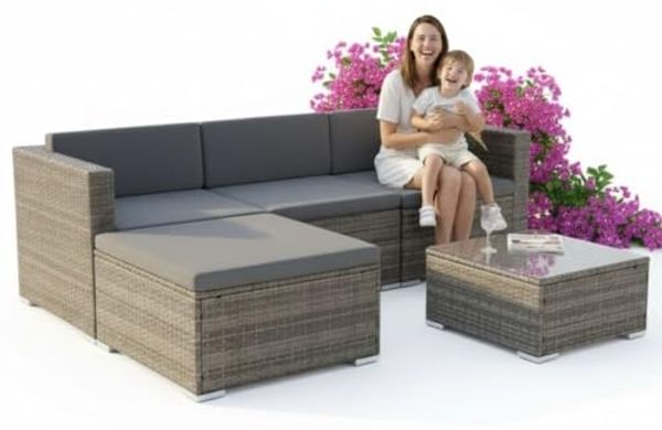Gartengarnitur Sitzgruppe Lounge Garten Ecksofa Tisch Rattanmöbel grau 5tlg.