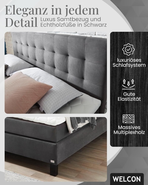 Boxspringbett Rockstar® Limited Edition II Samt 180x200 cm in Dunkelgrau und Härtegrad H3 Bild 4