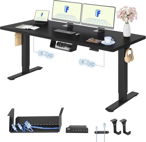 FLEXISPOT Höhenverstellbarer Schreibtisch mit 2 Motoren & 25MM einteiliger Tischplatte,ergonomischer Bürotisch - 180x80 cm Schwarz, schwarzes Gestell