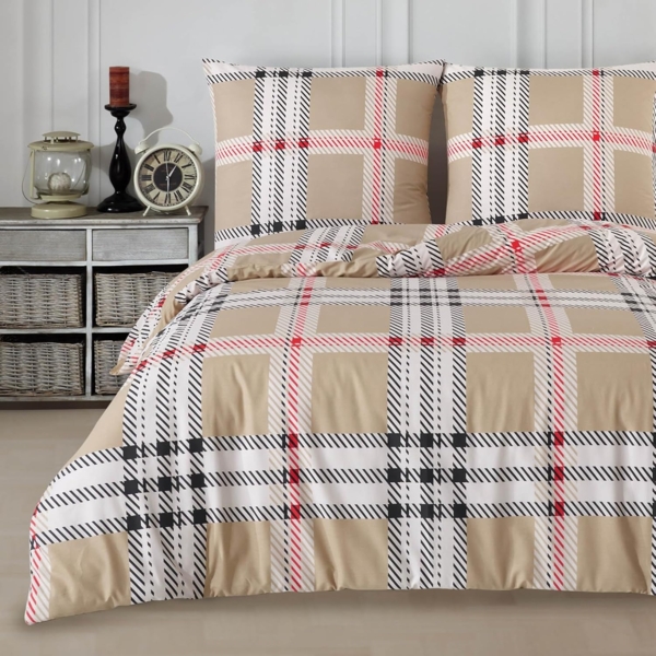 Buymax Bettwäsche Jurado, Bettgarnitur, Bettbezug Set, Renforce: 100% Baumwolle, 2 teilig, mit Reißverschluss, gemustert, Karo, Beige, 135x200 cm