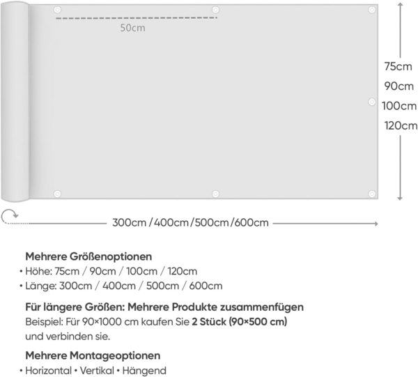 Sekey Balkon Sichtschutz PES Blickdichte Wetterfest Windschutz für den Gartenzaun oder Balkon, Schutz vor neugierigen Blicken, mit Ösen, Nylon Kabelbinder und Kordel, 0. 9×3m Schwarz Bild 7