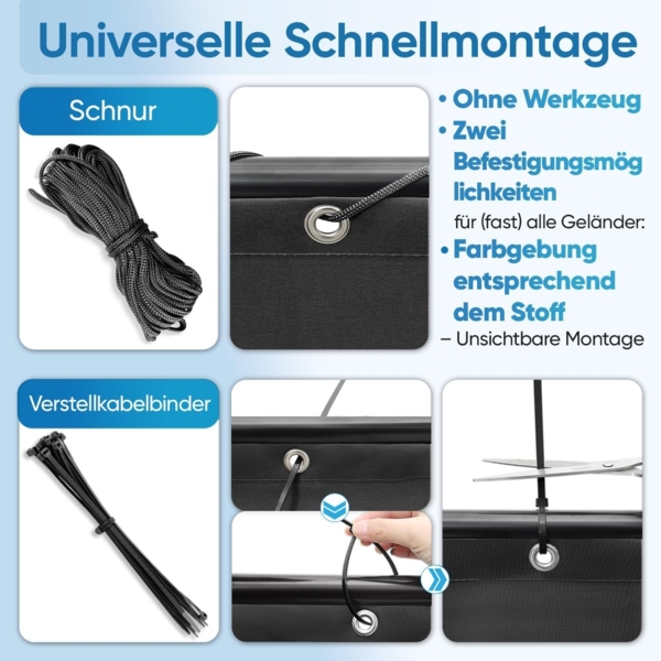 Sekey Balkon Sichtschutz PES Blickdichte Wetterfest Windschutz für den Gartenzaun oder Balkon, Schutz vor neugierigen Blicken, mit Ösen, Nylon Kabelbinder und Kordel, 0. 9×3m Schwarz Bild 4