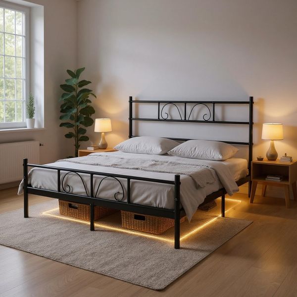 FurnitureR Doppelbett Metall 140×200 cm mit LED Streifen, 20 Farben Unterbett Beleuchtung per Knopf steuerbar, stabiles Plattformbett mit Lattenrost, ideal für Schlafzimmer & Gästezimmer, Schwarz A