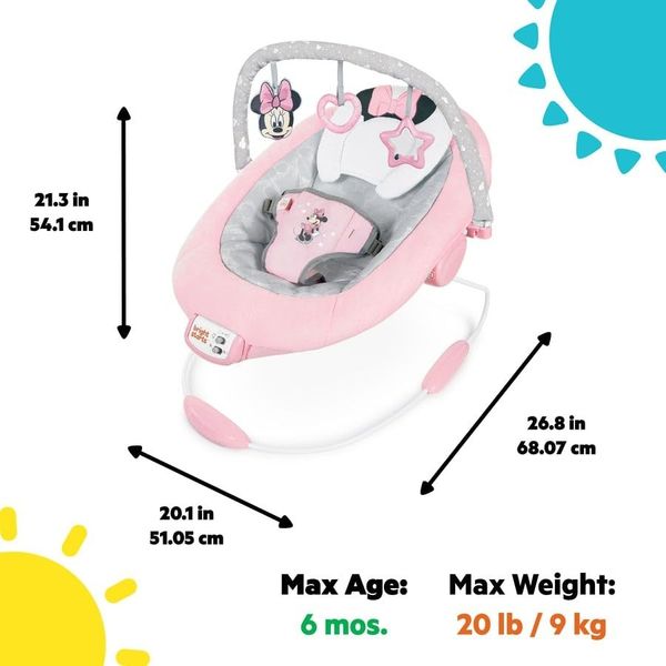 Bright Starts, Disney Baby, Minnie Maus Rosy Skies Babywippe mit beruhigenden Vibrationen mit 7 Melodien, 3 Spielzeugen, Lautstärkeregler, Sicherheitsgurt, ab der Geburt bis 9kg Bild 3