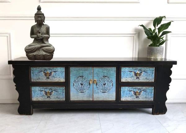 OPIUM OUTLET Chinesisches Lowboard Sideboard Kommode Schrank asiatisch orientalisch schwarz-türkis Vintage