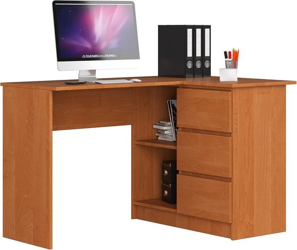 Eck-Schreibtisch B-16 mit 3 Schubladen und 2 Ablagen | Schreibtisch | ecktisch | Eck Schreibtisch für Home Office | Einfache Montage | B124 x H77 x T85, 48 kg Erle