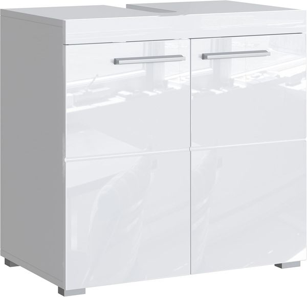 Newroom Waschbeckenunterschrank Weiß Hochglanz mit viel Stauraum - 60 x 56 x 34 cm (BxHxT) - Badezimmer Unterschrank Badezimmerschrank Badezimmermöbel Badunterschrank - [Trinity. Seven]