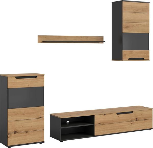 furnling Wohnzimmer-Set Cavik, (4-St, Lowboard, 2x Vitrine, Wandboard), großzügiger Stauraum, pflegeleichte Oberflächen, Breite 246 cm