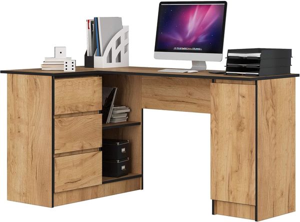 Eck-Schreibtisch B-20 mit 3 Schubladen, 2 Ablagen und einem Regalfach mit Tür | Schreibtisch | ecktisch | Eck Schreibtisch für Home Office | Einfache Montage | B155 x H77 x T85, 60 kg Kraft Eiche
