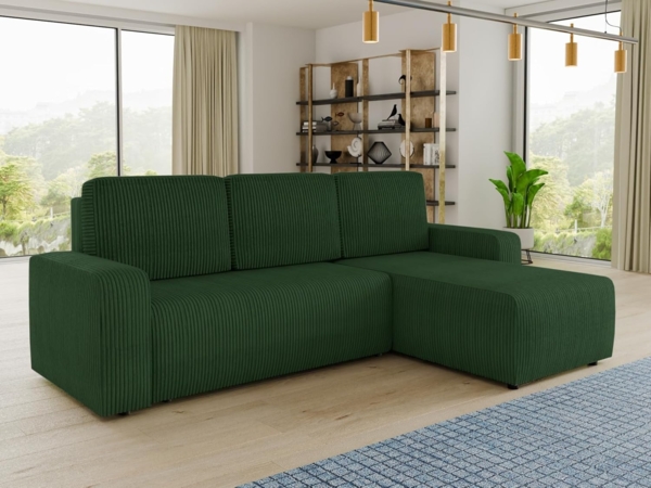 Ecksofa Roma L mit Schlaffunktion und Bettkasten - Cord Stoff - L-Form Couch, Polstersofa, Schlafsofa, Sofagarnitur - Ottomane Universal (Grün (Poso 014)) Bild 2