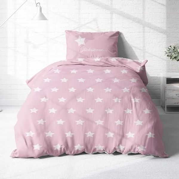 Träumschön Bettwäsche Premium Bettwäsche 135x200 cm Baumwolle, Glückssterne rosa, Baumwolle, 2 teilig, mit Reißverschluss, luftig und leichte Sommerbettwäsche
