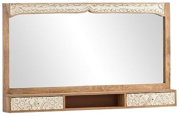 Wandspiegel Badspiegel Delhi 130 cm massiv Mangoholz braun rechteckig 130x75x15 Spiegel mit Ablage Fach 2 Schubladen massivum