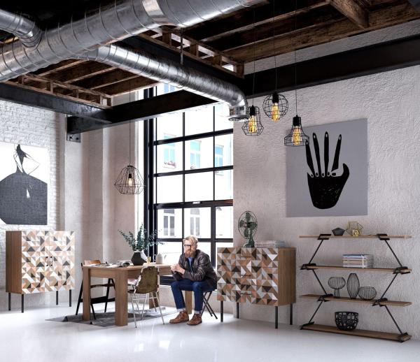 Babylon - Regal, Raumteiler, Bücherregal mit 4 Böden, Wild Eiche kombiniert mit schwarz matten Metallkomponenten, modernes Industrial Design Bild 2