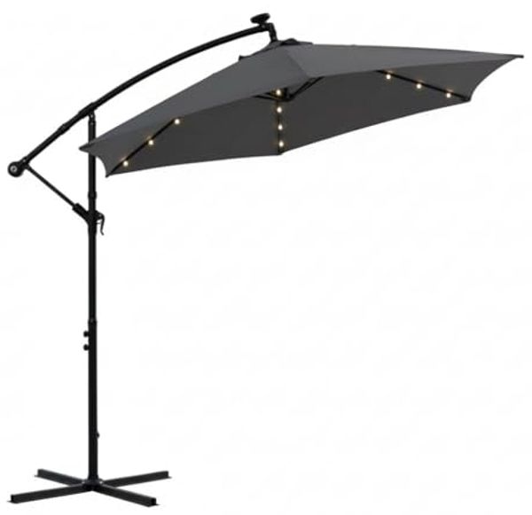 Terrassenschirm Grau Kurbelschirm 350 cm Ampelschirm LED Sonnenschutz Garten Gartenschirm Marktschirm Sonnenschirm Strandschirm 3,5 Meter Aufklappbar