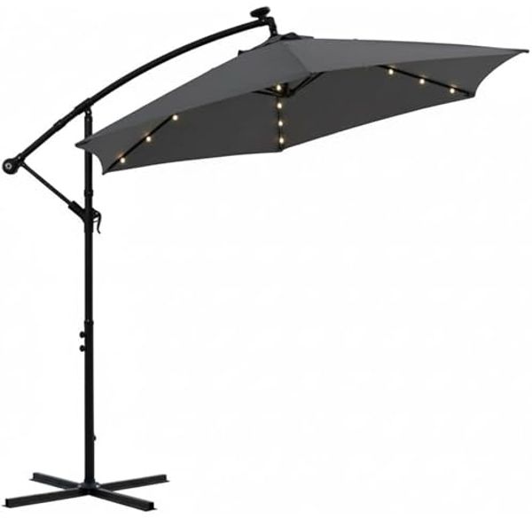 Terrassenschirm Grau Kurbelschirm 350 cm Ampelschirm LED Sonnenschutz Garten Gartenschirm Marktschirm Sonnenschirm Strandschirm 3,5 Meter Aufklappbar