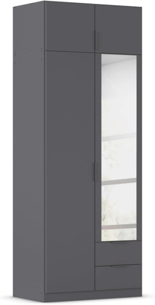 Rauch Möbel Lagoa, Kleiderschrank, Garderobe für Schlafzimmer, Kinderzimmer, Jugendzimmer 4-türig, mit Spiegel, 2 Schubladen, mit Zubehör Premium, Farbe Grau metallic, Schwarz, Breite 91 cm