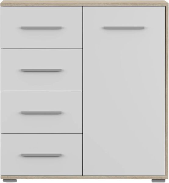 Schiebetürenschrank Frida 01 1D4S, eleganter Kommode Schubladkasten, Kommode mit Schubladen - Schlafzimmer Schiebetüren Schränkchen Stauraum Modern Design (Sonoma/Weiß)