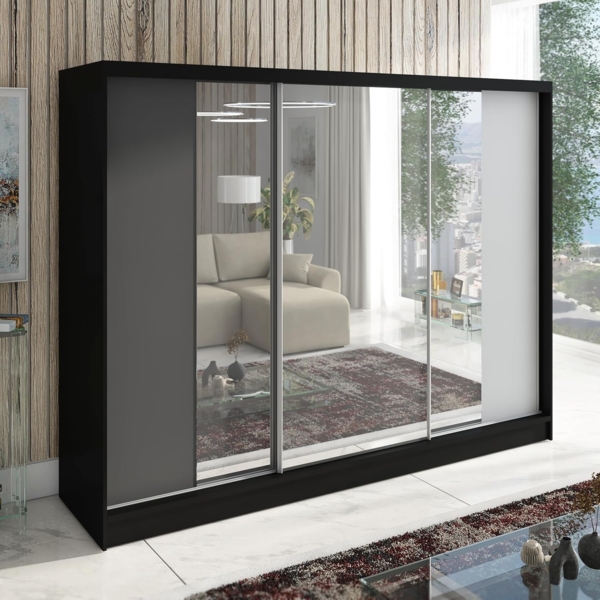 Schwebetürenschrank VENA 3-türig Schrank 200 cm (mit Spiegel) Farbe: Schwarz , Graphit , Weiß