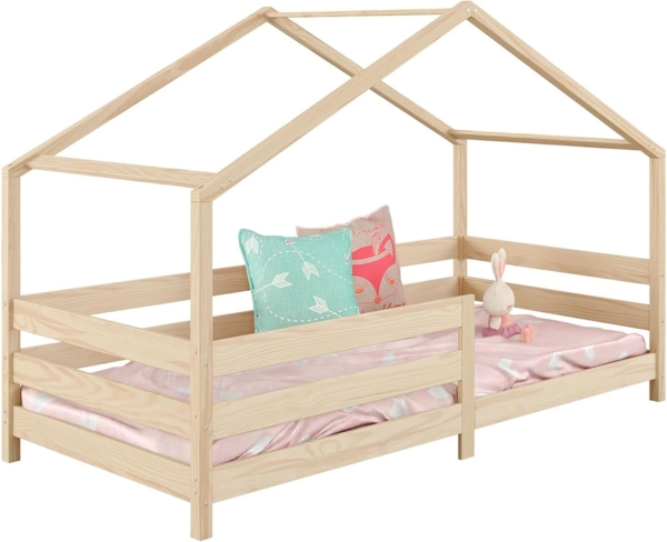 IDIMEX Kinderbett RENA, Hausbett Montessori Bett 90 x 200 Kinderbett Rausfallschutz Kiefer