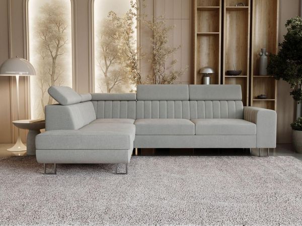 GrainGold Ecksofa mit Schlaffunktion und Bettkasten BERONA L - 255x190 cm, Grau, verstellbare Kopfstützen, Samt