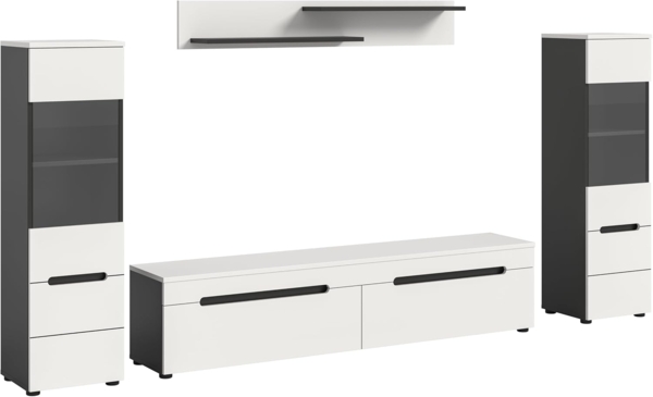xonox. home - Wohnwandkombination Canu 3tlg. 272 x 141 x 33 cm in Korpus Basalt grau Nb, Front weiß Nb. - Wohnkombination Wohnzimmermöbel Wohnzimmerschrank Möbelkombination Wohnzimmerset