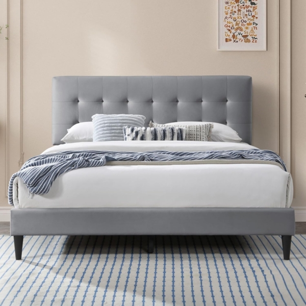 Home Collective Polsterbett 140x200 & 160x200 cm mit Lattenrost und weichem Bezug, Bettgestell (Doppelbett mit gepolstertem Kopfteil, robustes Gestell, hoher Liegekomfort), Kassettensteppung, 140x200 cm, Grau