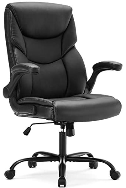 DUMOS Bürostuhl Pu-Leder Chefsessel mit Hochklappbaren Armlehnen Bürostuhle Leder mit Drehbaren Rädern Office Chair Ergonomic Geeignet für Büros Zuhause und Andere Umgebungen
