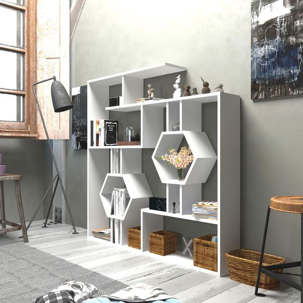 Modern White Bookshelf, 134 x 134 x 22 cm | 100% Melamine Coated Particle Board, 18 mm Thick | Wall-Mountable, Stylish Storage Solution for Home & Office