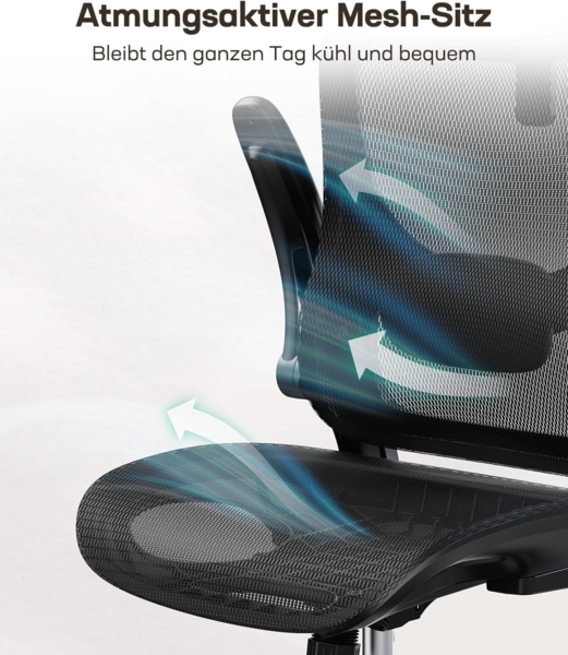 Marsail Bürostuhl Ergonomisch mit Hoher Netzrückenlehne, Adaptiver Lendenwirbelstütze, 2D-Kopfstütze, 3D-Klapparmlehnen, Höhenverstellung und Wippneigung, Schwarz, Rußig Bild 3