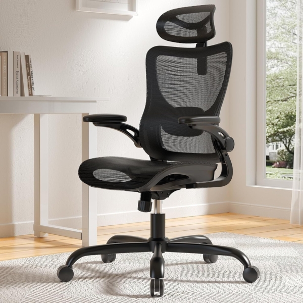 Marsail Bürostuhl Ergonomisch mit Hoher Netzrückenlehne, Adaptiver Lendenwirbelstütze, 2D-Kopfstütze, 3D-Klapparmlehnen, Höhenverstellung und Wippneigung, Schwarz, Rußig Bild 1