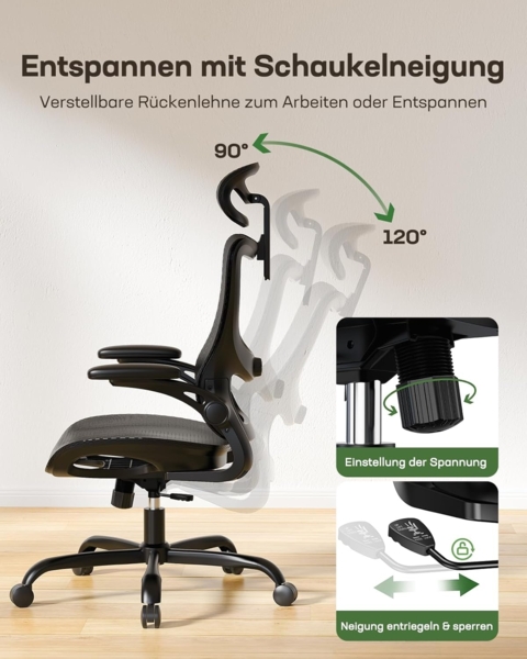 Marsail Bürostuhl Ergonomisch mit Hoher Netzrückenlehne, Adaptiver Lendenwirbelstütze, 2D-Kopfstütze, 3D-Klapparmlehnen, Höhenverstellung und Wippneigung, Schwarz, Rußig Bild 7