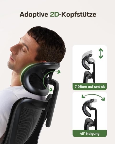 Marsail Bürostuhl Ergonomisch mit Hoher Netzrückenlehne, Adaptiver Lendenwirbelstütze, 2D-Kopfstütze, 3D-Klapparmlehnen, Höhenverstellung und Wippneigung, Schwarz, Rußig Bild 4