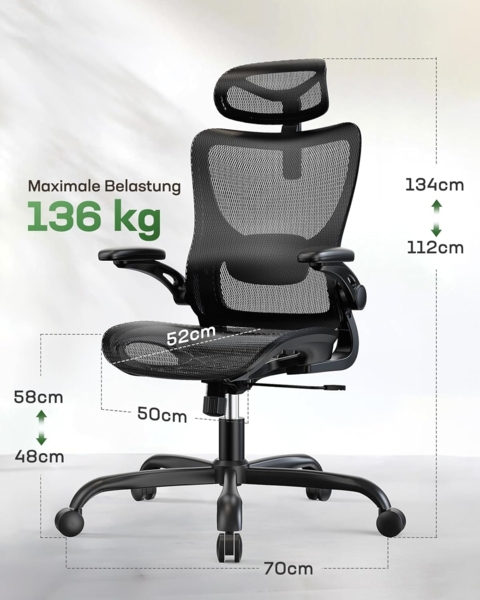 Marsail Bürostuhl Ergonomisch mit Hoher Netzrückenlehne, Adaptiver Lendenwirbelstütze, 2D-Kopfstütze, 3D-Klapparmlehnen, Höhenverstellung und Wippneigung, Schwarz, Rußig Bild 2