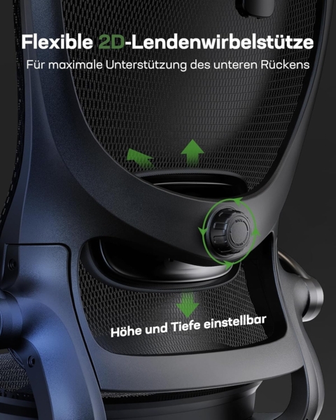 Marsail Bürostuhl Ergonomisch mit Hoher Netzrückenlehne, Adaptiver Lendenwirbelstütze, 2D-Kopfstütze, 3D-Klapparmlehnen, Höhenverstellung und Wippneigung, Schwarz, Rußig Bild 5