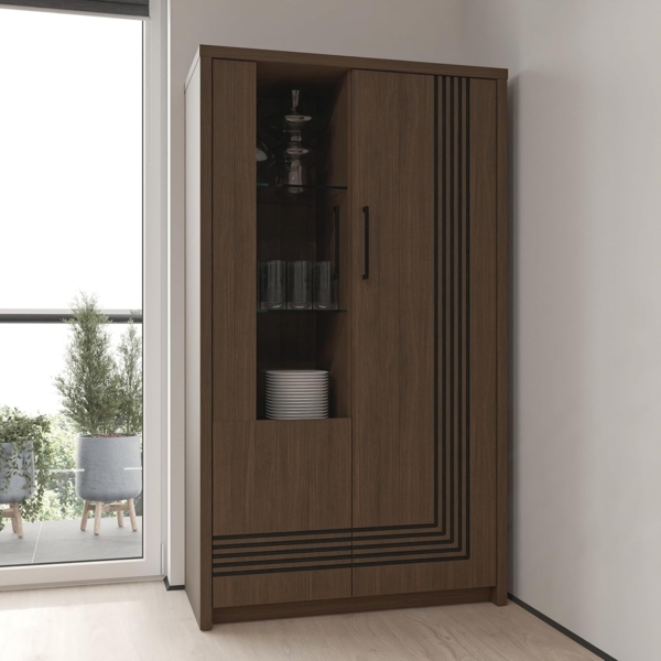 Forte EUFEMIUS Vitrine 90 95, moderner Vitrinenschrank mit Fräsung, 2 Türen, Holzwerkstoff, Dunkelbraun|Schwarz Eiche Holzdekor, 91,5 cm breit x 159,9 cm hoch x 41,6 cm tief