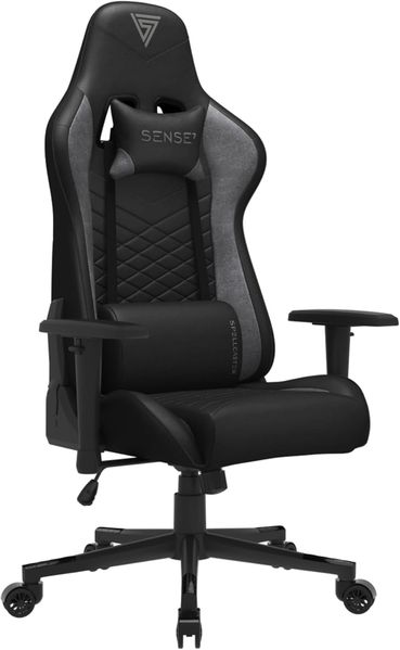 SENSE7 Gaming Spellcaster Bürostuhl Zocker Gamer Ergonomischer Stuhl Armlehne Einteiliger Stahlrahmen Einstellbarer Neigungswinkel Schwarz-Grau, Leder, 43-52 x 69,5 x 57